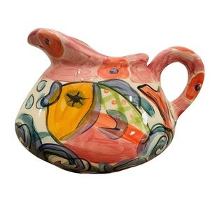 Vintage Vicki Carroll Fish & Crab Pitcher Hand Painted and Signed 1995